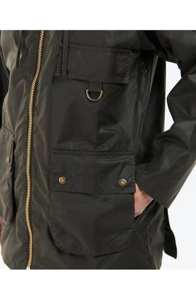Barbour Highclere Hooded Mid Length Waxed Jacket In Olive