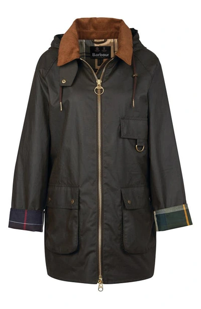Barbour Highclere Hooded Mid Length Waxed Jacket In Olive