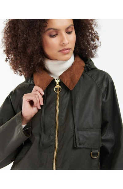 Barbour Highclere Hooded Mid Length Waxed Jacket In Olive