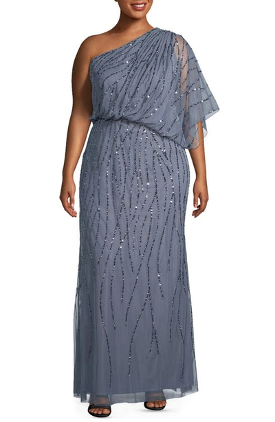 Shop Adrianna Papell Sequin One-shoulder Gown In Dusty Blue