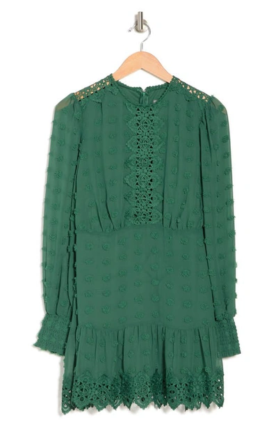 Shop Love By Design Rina Long Sleeve Dotted Chiffon Lace Trim Dress In Emerald