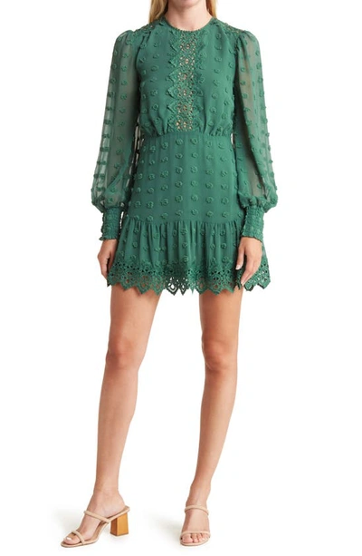 Shop Love By Design Rina Long Sleeve Dotted Chiffon Lace Trim Dress In Emerald
