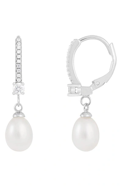 Splendid Pearls 7-8mm Freshwater Pearl & Cz Drop Earrings In White