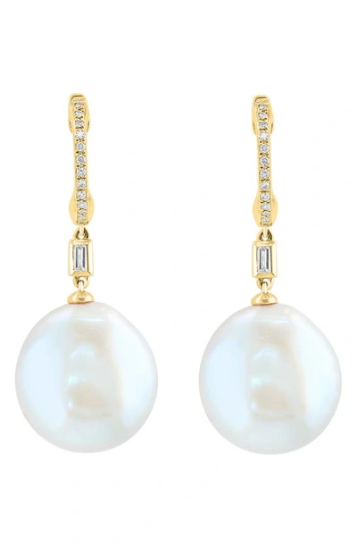 Shop Effy 14k Yellow Gold Diamond & Freshwater Pearl Drop Earrings In White