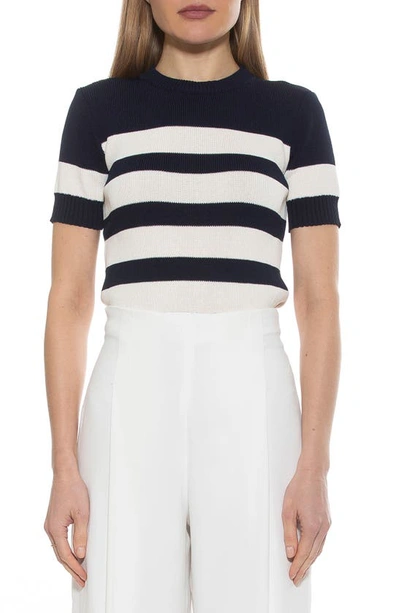 Shop Alexia Admor Pat Stripe Short Sleeve Sweater Top In Black/ Ivory