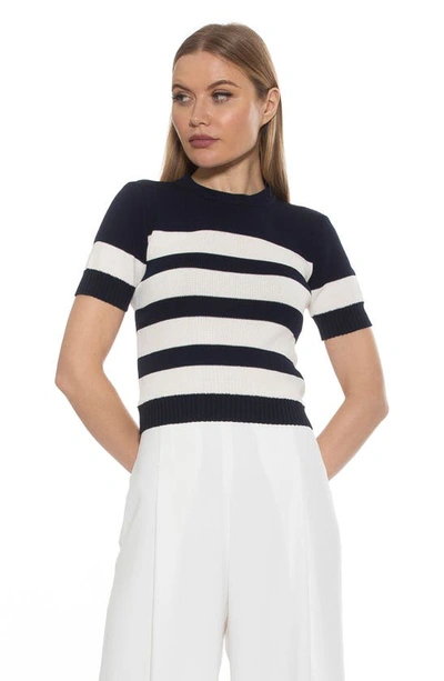 Shop Alexia Admor Pat Stripe Short Sleeve Sweater Top In Black/ Ivory