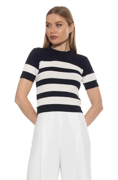 Alexia Admor Pat Stripe Short Sleeve Sweater Top In Black/ Ivory