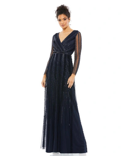 Shop Mac Duggal Faux Wrap Illusion Long Sleeve Gown - Final Sale In Midnight
