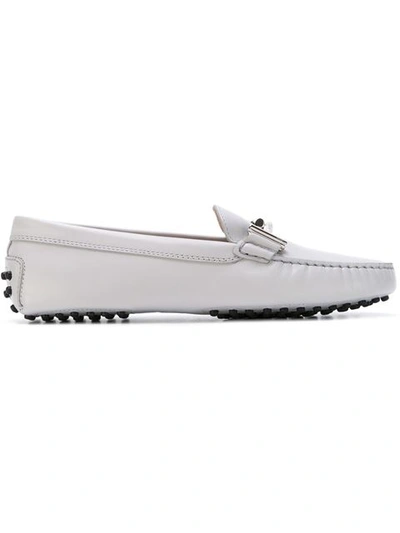 Tod's Gommino Double T Embellished Leather Loafers In Light Grey