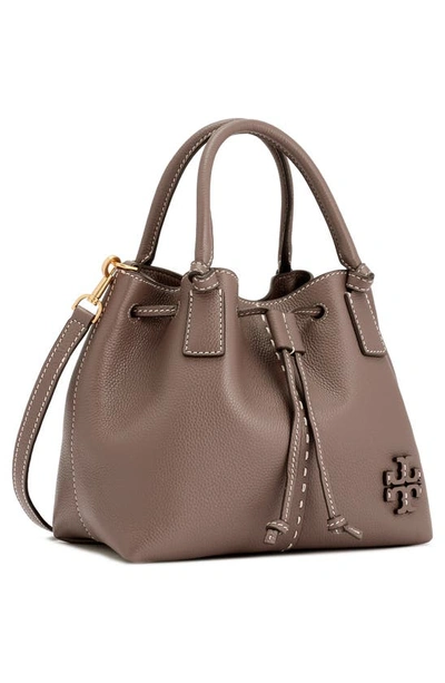 Shop Tory Burch Mcgraw Small Drawstring Leather Satchel In Silver Maple