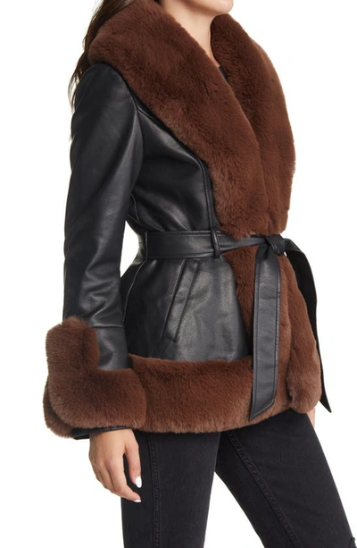 Azalea Wang Faux Leather & Faux Fur Belted Coat In Black