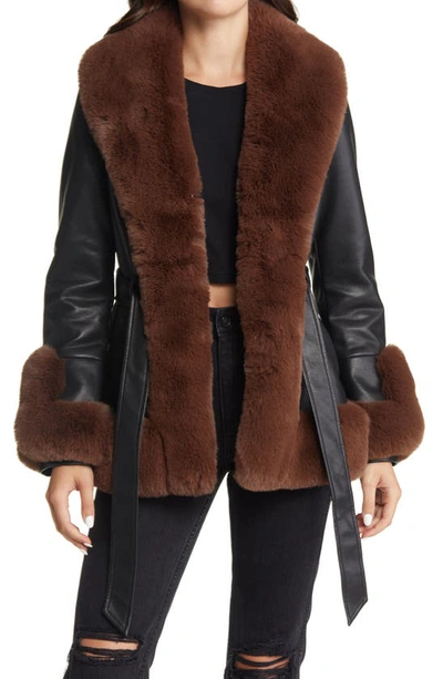 Azalea Wang Faux Leather & Faux Fur Belted Coat In Black
