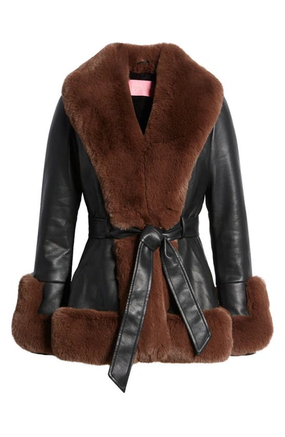 Azalea Wang Faux Leather & Faux Fur Belted Coat In Black