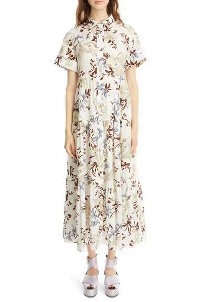 Shop Erdem Helena Tropical Floral Tiered Cotton Poplin Shirtdress In Tropical Bloom White