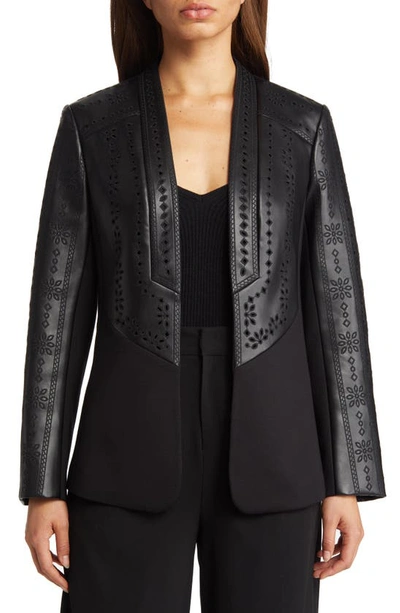 Shop Kobi Halperin Wanda Eyelet Detail Mixed Media Faux Leather Jacket In Black