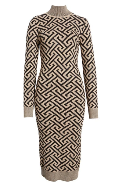 Shop Vero Moda Maria Geo Print Long Sleeve Sweater Dress In Black Pattern W Silver Mink