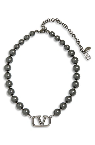 Shop Valentino Vlogo Signature Swarovski Pearl Necklace In Black Ruthenium/ Crystal Black
