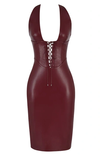 Shop House Of Cb Jaquetta Lace-up Faux Leather Halter Dress In Wine