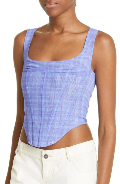 Shop Miaou Campbell Plaid Stretch Mesh Corset Top In Baby Periwinkle Plaid