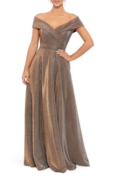 Shop Xscape Off The Shoulder Gown In Sand