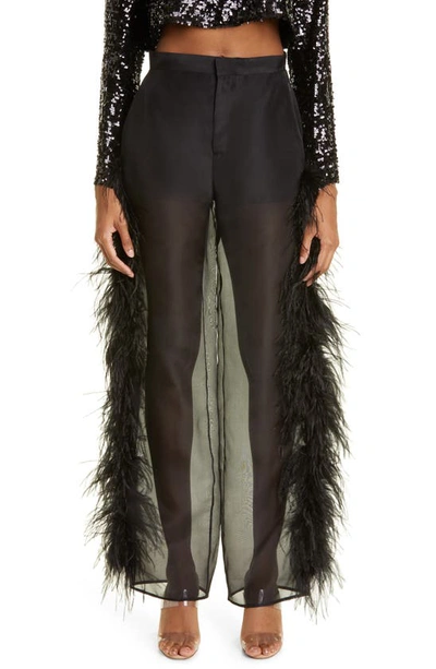 Shop Lapointe Ostrich Feather Trim Silk Organza Trousers In Black