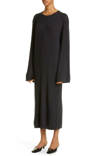 Shop Totême Cable Knit Long Sleeve Wool Sweater Dress In Dark Grey Melange