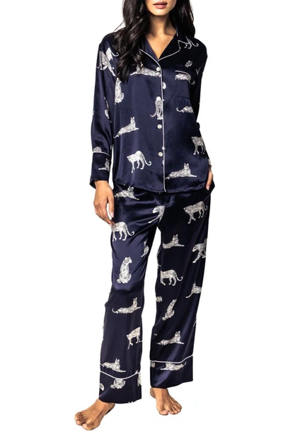 Petite Plume Panthere De Nuit Printed Silk Pajama Set In Navy