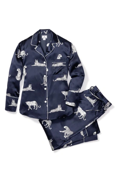 Petite Plume Panthere De Nuit Printed Silk Pajama Set In Navy