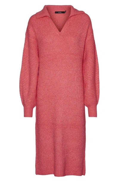 Shop Vero Moda Filene Ribbed Long Sleeve Sweater Dress In Hot Pink