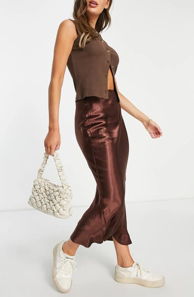 Shop Topshop Bias Cut Satin Maxi Skirt In Brown