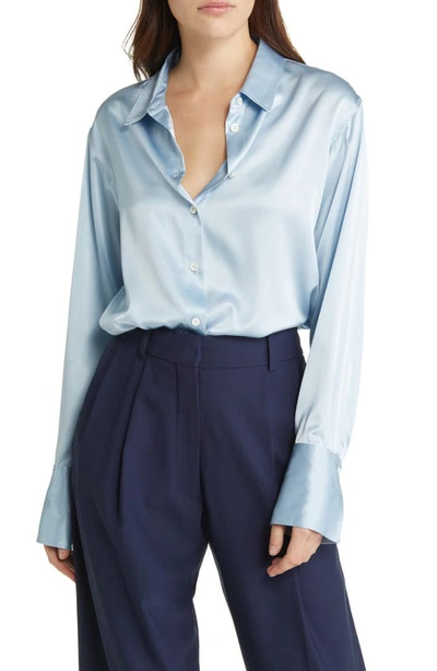 Shop Frame Stretch Silk Button-up Shirt In Chambray Blue
