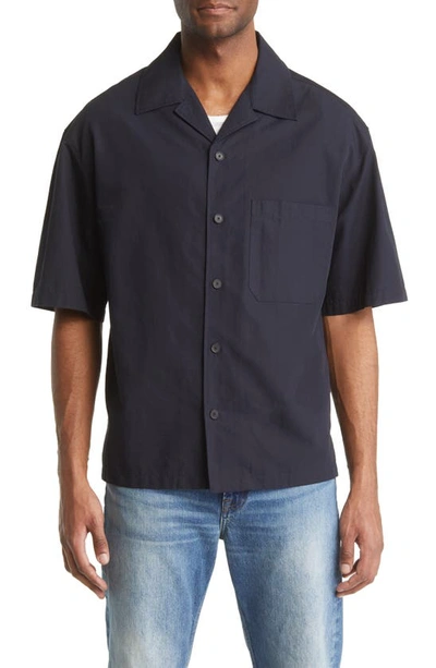 Shop Frame Solid Cotton & Linen Short Sleeve Button-up Shirt In Navy