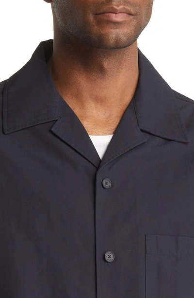 Shop Frame Solid Cotton & Linen Short Sleeve Button-up Shirt In Navy