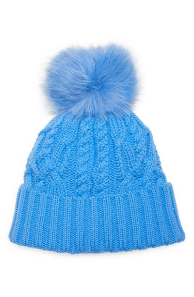 Shop Moncler Virgin Wool & Cashmere Rib Beanie With Faux Fur Pompom In Blue