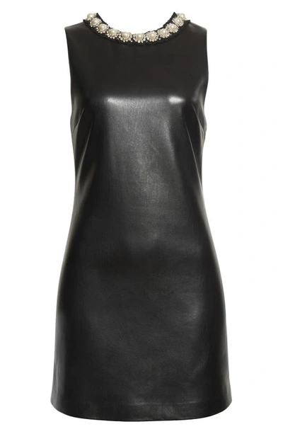 Shop Alice And Olivia Coley Embellished Neckline Faux Leather Dress In Black