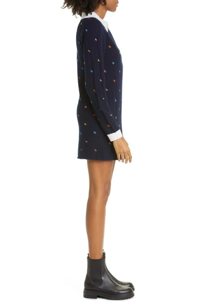 Shop Yanyan Rosie Colorblock Long Sleeve Lambswool Pointelle Sweater Dress In Navy