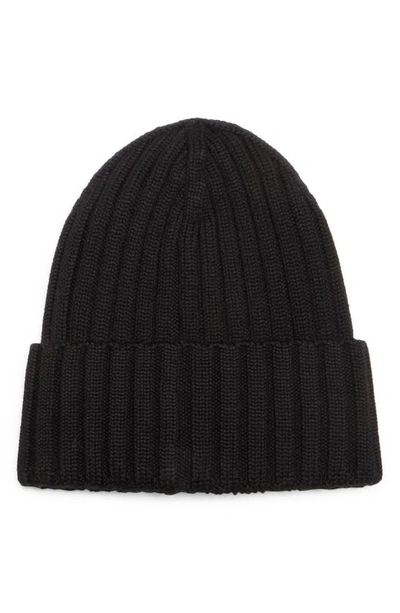 Moncler Ribbed Knit Wool Beanie Turn-up Brim In Black