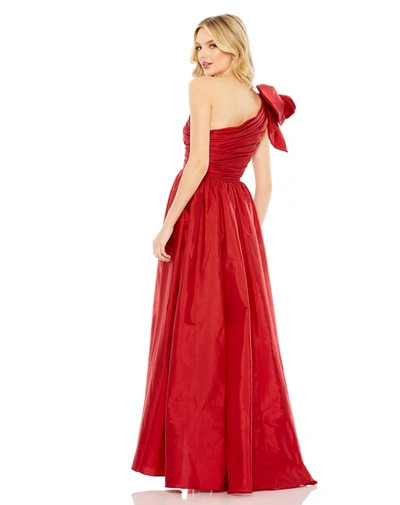 Shop Ieena For Mac Duggal Draped Bow One Shoulder Over Skirt Gown In Burgundy
