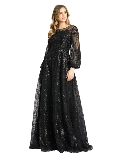 Shop Mac Duggal Jewel Encrusted Illusion Long Sleeve A Line Gown In Black