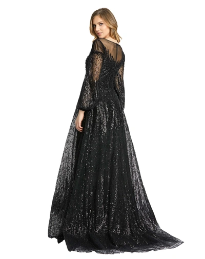 Shop Mac Duggal Jewel Encrusted Illusion Long Sleeve A Line Gown In Black
