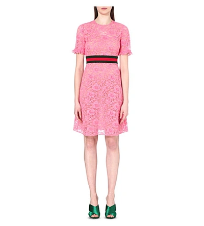 Gucci Striped Floral-lace Dress In Pink Coral