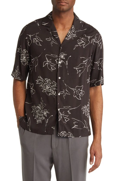 Shop Officine Generale Eren Floral Print Button-up Shirt In Black/ Ecru