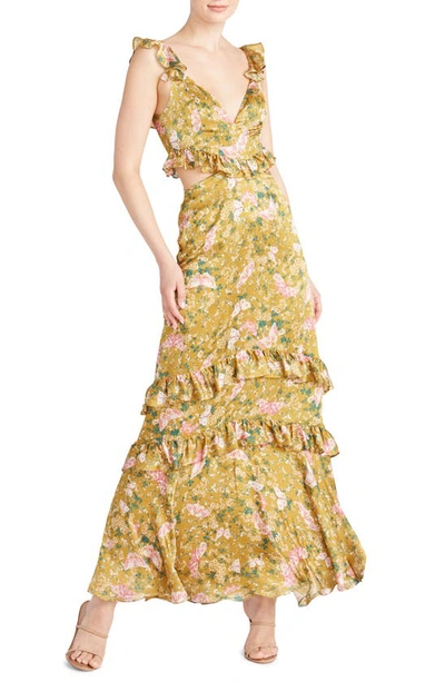 Shop Amur Magnolia Cutout Silk Maxi Dress In Gold Butterfly Garden
