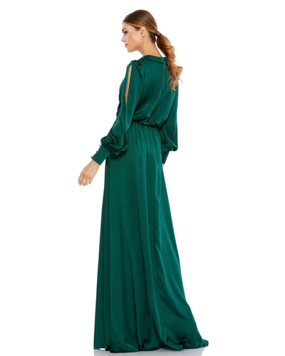 Ieena For Mac Duggal Split Long Sleeve Faux Wrap Satin Gown In Deep Emerald