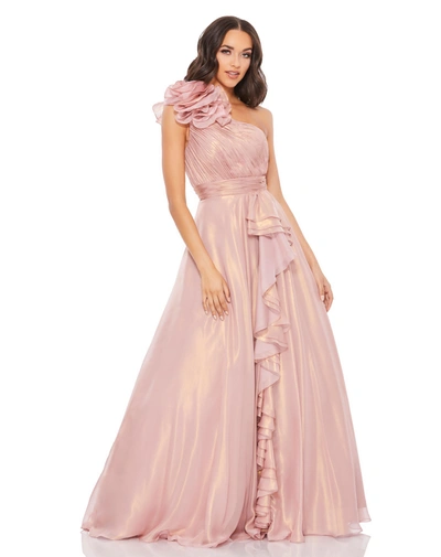 Shop Mac Duggal Iridescent One Shoulder Rosette Ball Gown In Rose/gold