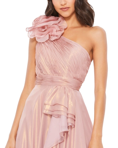 Shop Mac Duggal Iridescent One Shoulder Rosette Ball Gown In Rose/gold