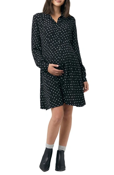 Shop Ripe Maternity Fifi Polka Dot Long Sleeve Maternity//nursing Shirtdress In Black