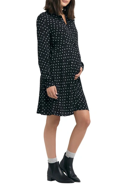 Shop Ripe Maternity Fifi Polka Dot Long Sleeve Maternity//nursing Shirtdress In Black