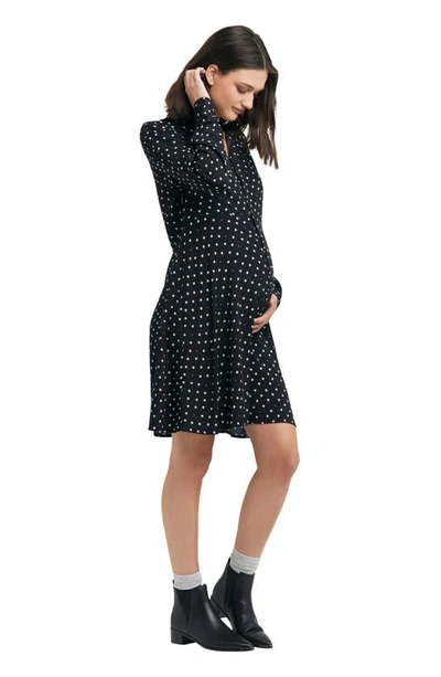 Shop Ripe Maternity Fifi Polka Dot Long Sleeve Maternity//nursing Shirtdress In Black