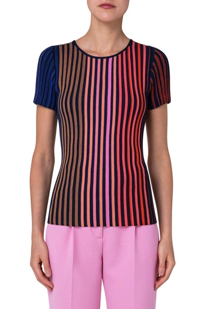 Shop Akris Punto Multicolor Stripe Short Sleeve Virgin Wool Rib Sweater In Pink Multi